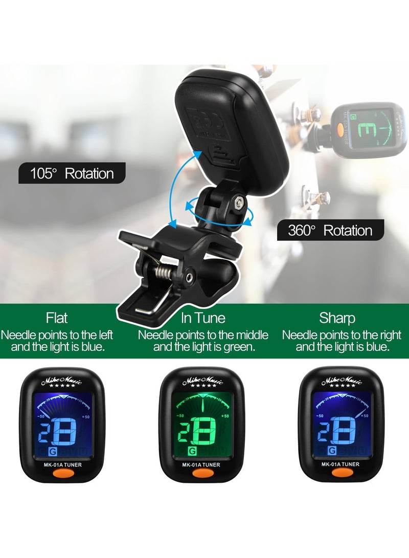 Guitar Tuner, Clip On Tuner with LCD Color Display, Chromatic Tuner for Acoustic Guitar Classical Guitar Electric Guitar Bass Ukulele Violin, Digital Tuner for Stringed Instrument, Guitar Accessories