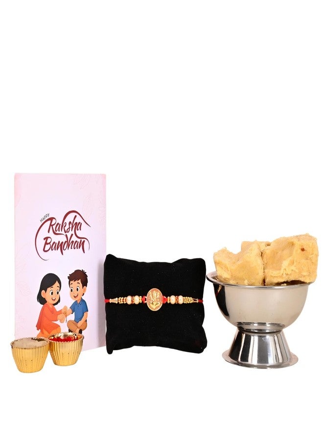 Poorak Religious Assorted Combo – 1 Rakhi, 200 gm Son Papdi, Greeting Card & Roli Chawal - Image 1