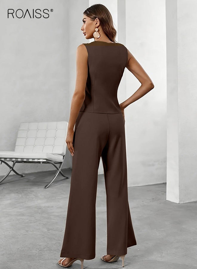 رويس طقم بدلات بنطلون للنساء، طقم مكون من قطعتين، بليزر بدون أكمام، صدرية، بنطلون واسع الساق، خصر مرتفع، طقم بدلة عمل، أنيق، مناسب للمكتب، متعدد الاستخدامات، مناسب للتنحيف، مناسب للارتداء الرسمي، باللون الأسود - Image 2