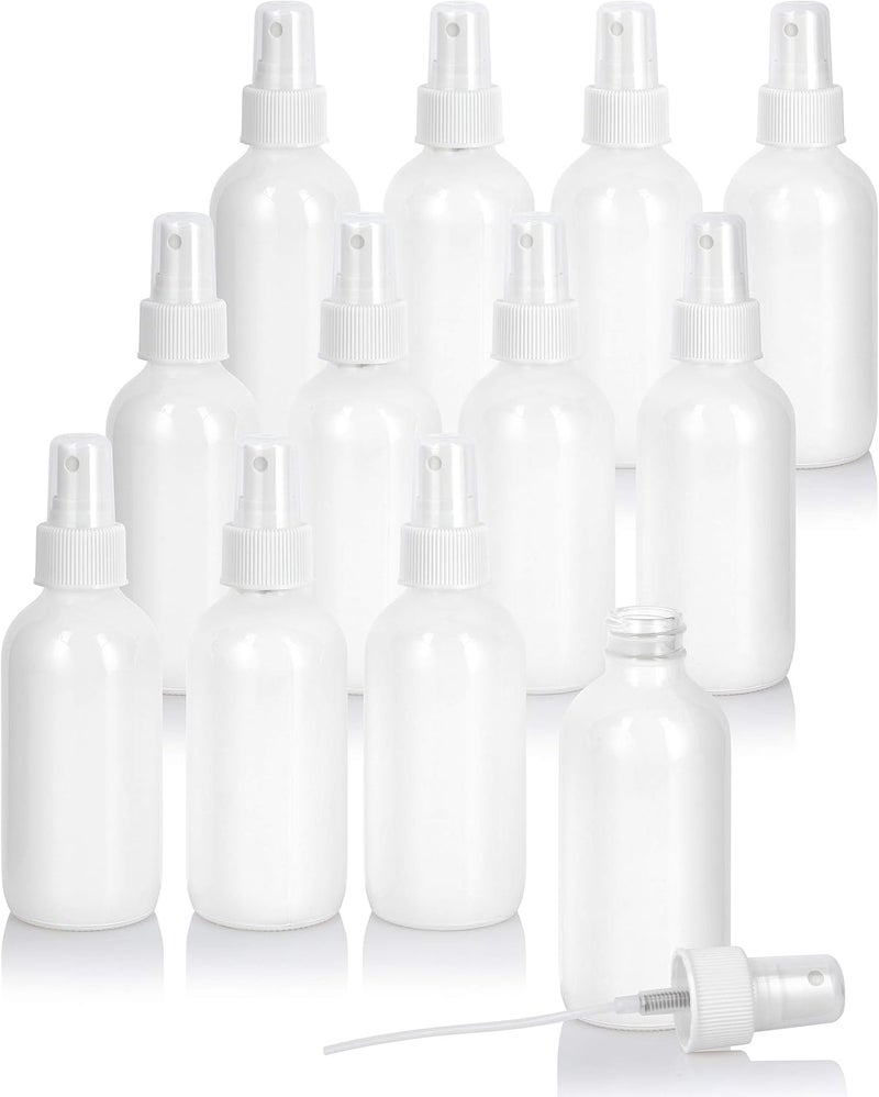 JUVITUS 4 oz / 120 ml High Shine Gloss White Glass Boston Round Bottle with White Fine Mist Spray (12 pack)