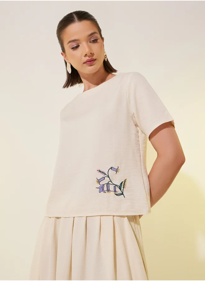 Styli Embroidered Detail Round Neck Top and Skirts Co-Ords