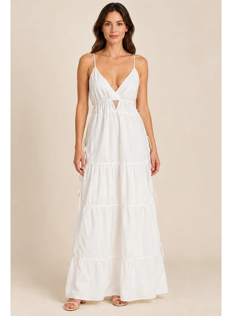 2Trendy Women's White Maxi Dress with Thin Straps and Tiered Skirt