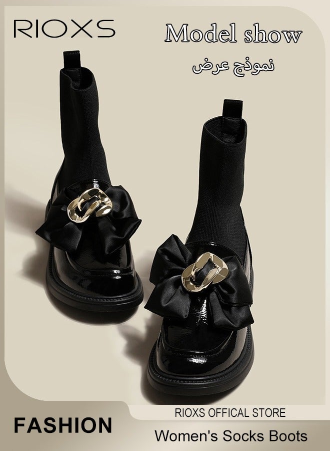 RIOXS Women's Platform Chunky Heel Chelsea Ankle Boots, Fashion Thick Sole Boots With Socks, Lightweight Non-Slip Comfortable Short Boots with Buckle Chain, Dress Walking Work Boots for Office, Shopping, Teaching, Party or Appointments, Black - Image 1