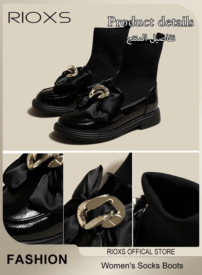 RIOXS Women's Platform Chunky Heel Chelsea Ankle Boots, Fashion Thick Sole Boots With Socks, Lightweight Non-Slip Comfortable Short Boots with Buckle Chain, Dress Walking Work Boots for Office, Shopping, Teaching, Party or Appointments, Black - Image 4