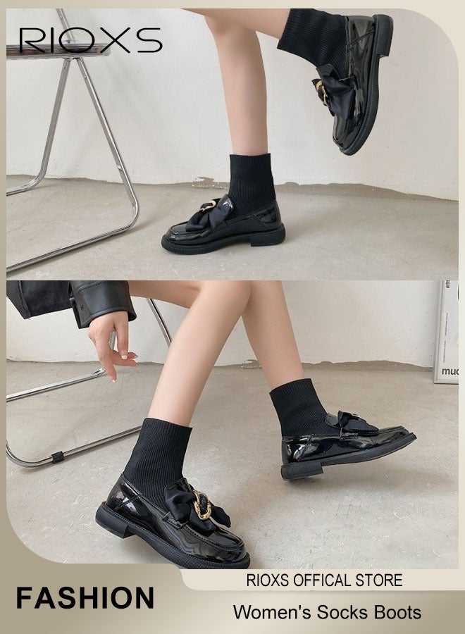 RIOXS Women's Platform Chunky Heel Chelsea Ankle Boots, Fashion Thick Sole Boots With Socks, Lightweight Non-Slip Comfortable Short Boots with Buckle Chain, Dress Walking Work Boots for Office, Shopping, Teaching, Party or Appointments, Black - Image 2