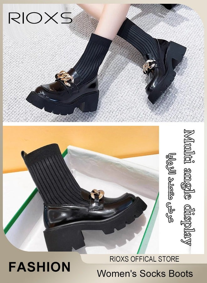 RIOXS Women's Platform Chunky Heel Chelsea Ankle Boots, Fashion Thick Sole Boots With Socks, Lightweight Non-Slip Comfortable Short Boots with Buckle Chain, Dress Walking Work Boots for Office, Shopping, Teaching, Party or Appointments, Black - Image 5