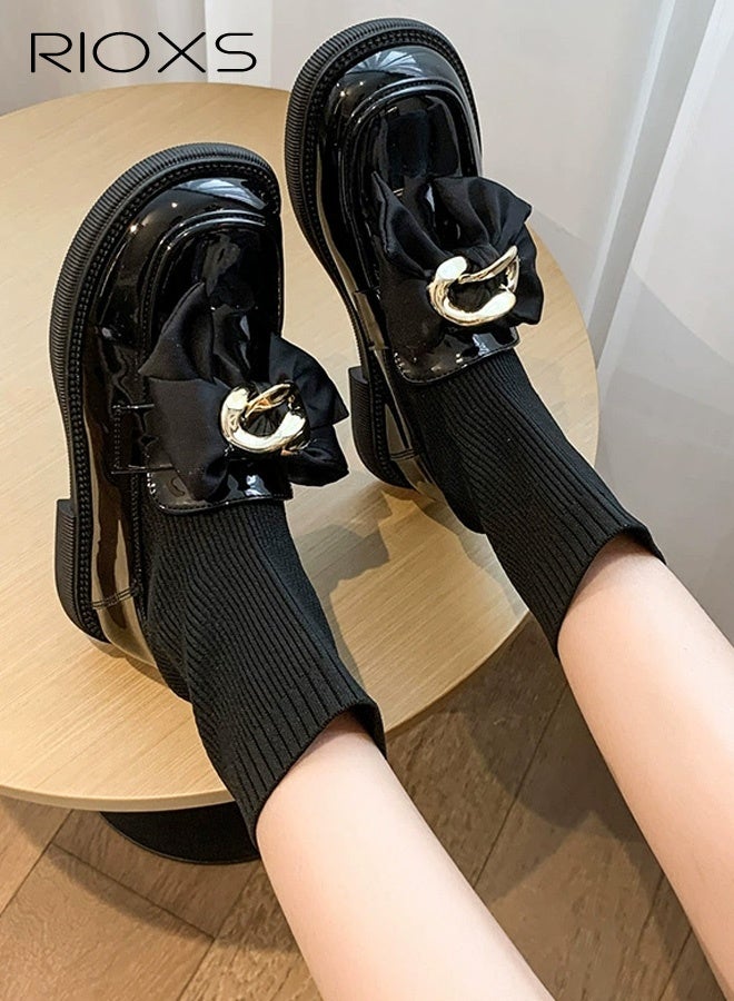 RIOXS Chelsea Boots for Women, Platform Chunky Ankle Boots, Fashion Women's Boots with Socks, Lightweight Non-Slip Short Boots with Buckle Chain, Classic Round Toe Dress Booties for Ladies, Comfort Low Heel Boot, Dress Walking Boots for Work Shopping Teaching Party or Appointments, Black Boots Womens Footwear - Image 1