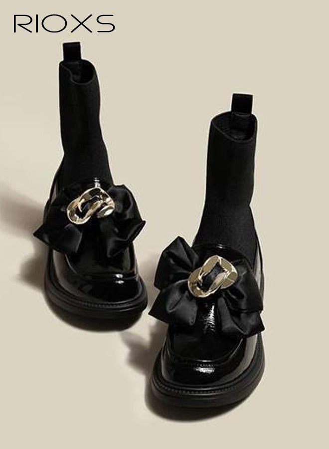 RIOXS Chelsea Boots for Women, Platform Chunky Ankle Boots, Fashion Women's Boots with Socks, Lightweight Non-Slip Short Boots with Buckle Chain, Classic Round Toe Dress Booties for Ladies, Comfort Low Heel Boot, Dress Walking Boots for Work Shopping Teaching Party or Appointments, Black Boots Womens Footwear - Image 2