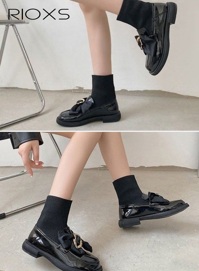 RIOXS Chelsea Boots for Women, Platform Chunky Ankle Boots, Fashion Women's Boots with Socks, Lightweight Non-Slip Short Boots with Buckle Chain, Classic Round Toe Dress Booties for Ladies, Comfort Low Heel Boot, Dress Walking Boots for Work Shopping Teaching Party or Appointments, Black Boots Womens Footwear - Image 5