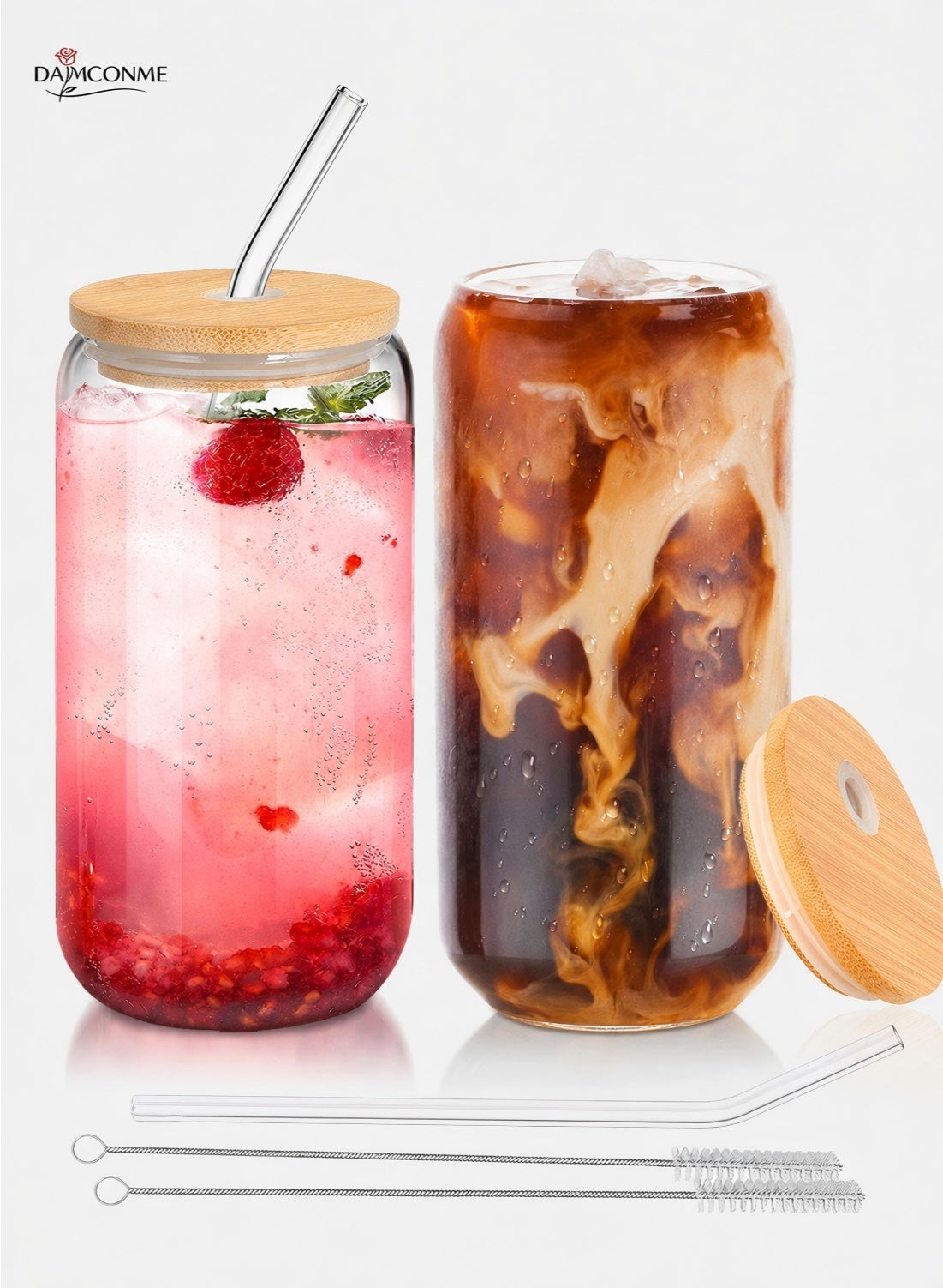 Glass Cup with Lid and Straw – 2 Pack 16oz Reusable Iced Coffee Glasses – Transparent Drinking Cup for Juice, Tea, Water – Elegant Bamboo Lid