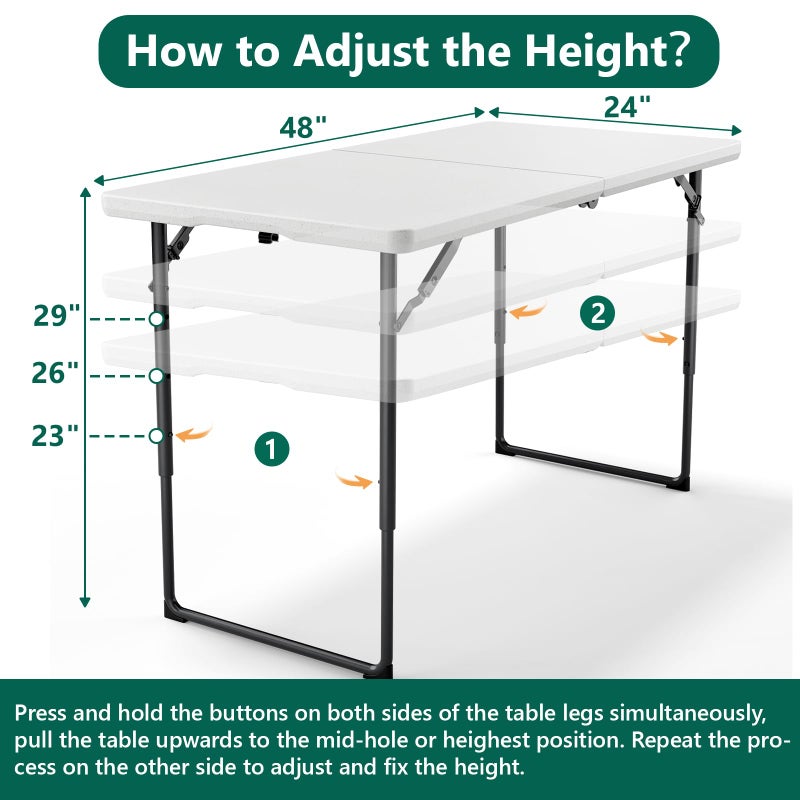 MAKE CHANGES Folding Table 4ft - Heavy Duty Fold-in-Half Plastic Table with Adjustable Height, Portable Utility Tables with Steel Legs for Indoor, Outdoor, Picnic, Camping, Dining, Party (White) - Image 2