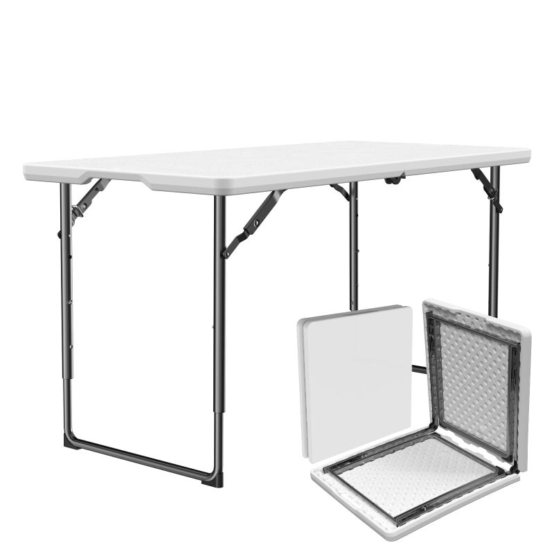MAKE CHANGES Folding Table 4ft - Heavy Duty Fold-in-Half Plastic Table with Adjustable Height, Portable Utility Tables with Steel Legs for Indoor, Outdoor, Picnic, Camping, Dining, Party (White) - Image 1