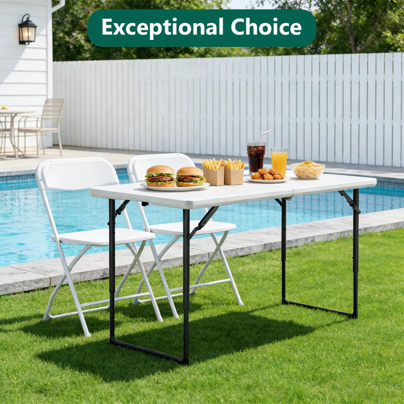 MAKE CHANGES Folding Table 4ft - Heavy Duty Fold-in-Half Plastic Table with Adjustable Height, Portable Utility Tables with Steel Legs for Indoor, Outdoor, Picnic, Camping, Dining, Party (White) - Image 4
