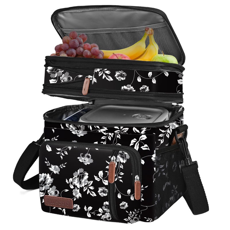 MIYCOO Lunch Bag for Women Men Double Deck Lunch Box  Leakproof Insulated Soft Large Lunch Cooler Bag White Flower15L