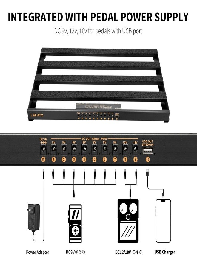 LEKATO - Pedal board, pedal board with built-in power supply, 19 x 12 x 1.8 inches, 3.5 pounds, aluminum alloy guitar pedal board with carrying bag, cables - Image 2