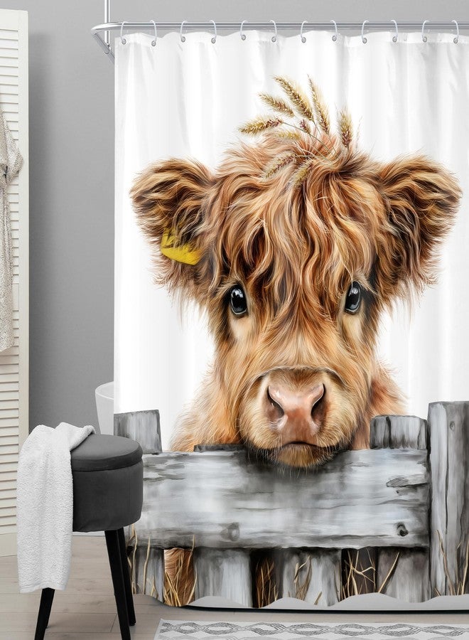 Cinbloo Funny Farmhouse Highland Cow 60Wx72H Shower Curtain Rustic Fun Bull Farm Cute Western Country Animal Brown Wooden Bathroom Curtain Set Wood Bath Bathroom Accessories Decor - Image 2