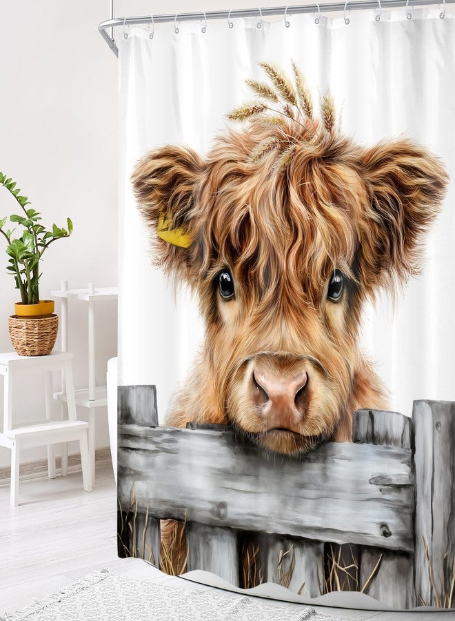 Cinbloo Funny Farmhouse Highland Cow 60Wx72H Shower Curtain Rustic Fun Bull Farm Cute Western Country Animal Brown Wooden Bathroom Curtain Set Wood Bath Bathroom Accessories Decor - Image 3