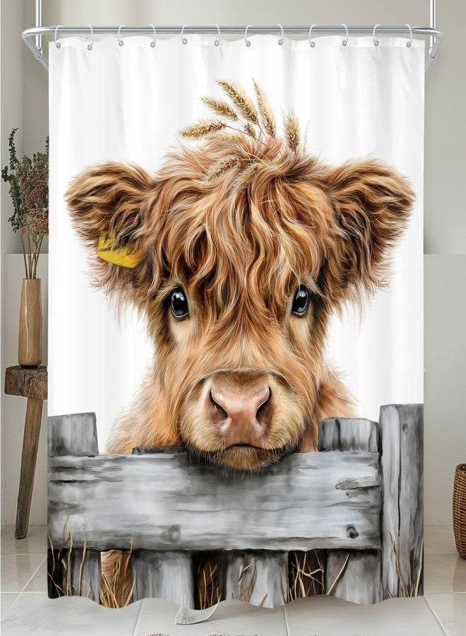 Cinbloo Funny Farmhouse Highland Cow 60Wx72H Shower Curtain Rustic Fun Bull Farm Cute Western Country Animal Brown Wooden Bathroom Curtain Set Wood Bath Bathroom Accessories Decor - Image 1