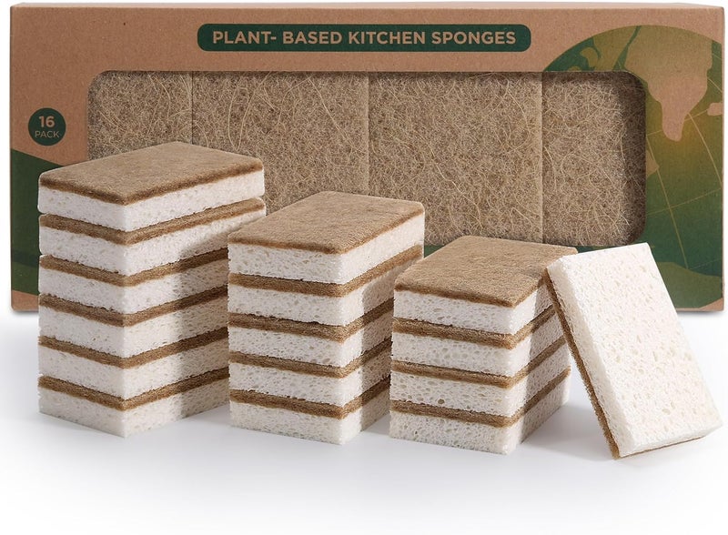 إسفنجات أطباق طبيعية - عبوة 16 قطعة - إسفنجة مطبخ قابلة للتحلل الحيوي، سليلوز قابل للتحلل، فرك جوز الهند - إسفنجات تنظيف غير خادشة - Image 1