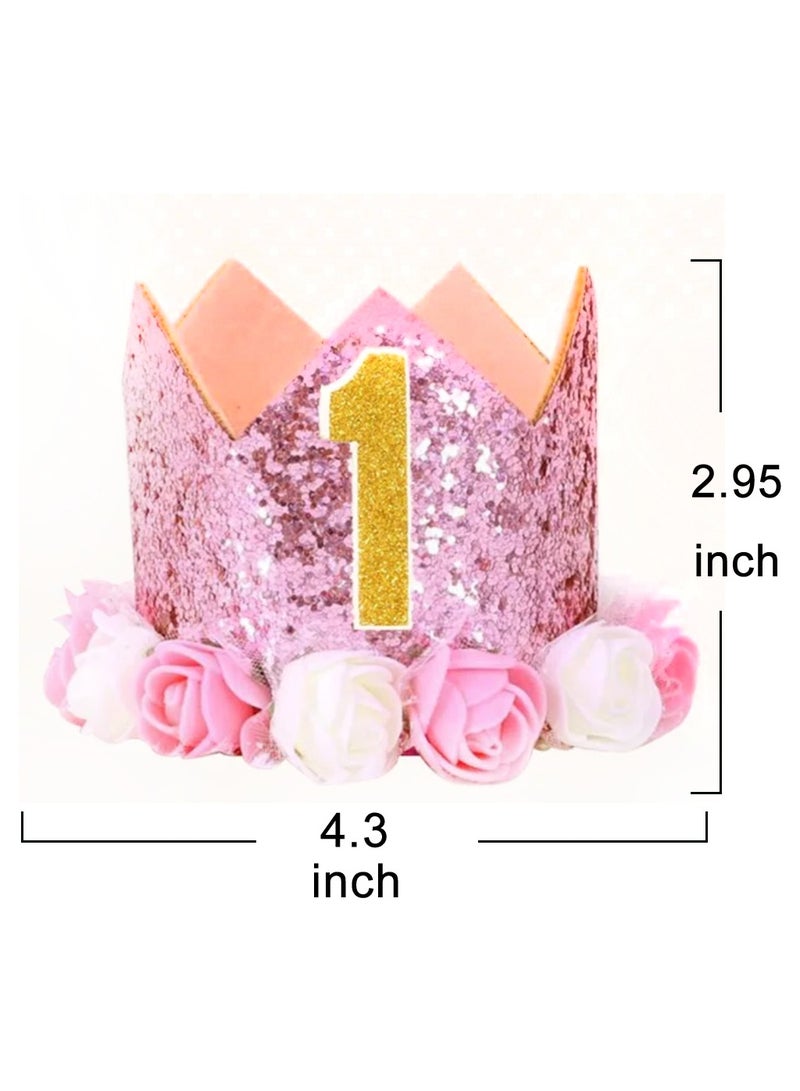 1st BIRTHDAY DECORATIONS for Girl Pink Theme Kit Set- Baby Girl One Birthday Party,Cake Topper Flower Crown Tiara Cap Headband Paper Tassel happy birthday Banner, Fiesta Pink Hanging Paper Fan Flower - Image 4