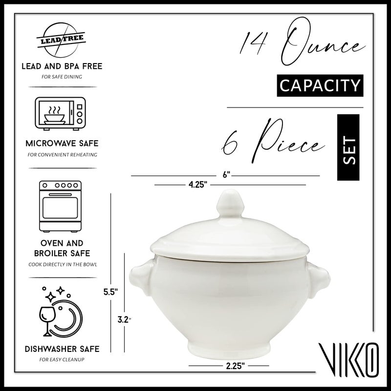 Vikko Soup Crocks With Lion Lids, 14 Ounce White Soup Bowl with Cover, Set of 6 Soup Dishes, Dishwasher Safe, Sturdy Design - Image 1