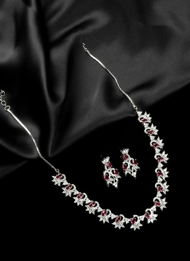 StileAdda Silver-Plated Cubic Zirconia Stone Studded Necklace and Earrings Set - Image 1
