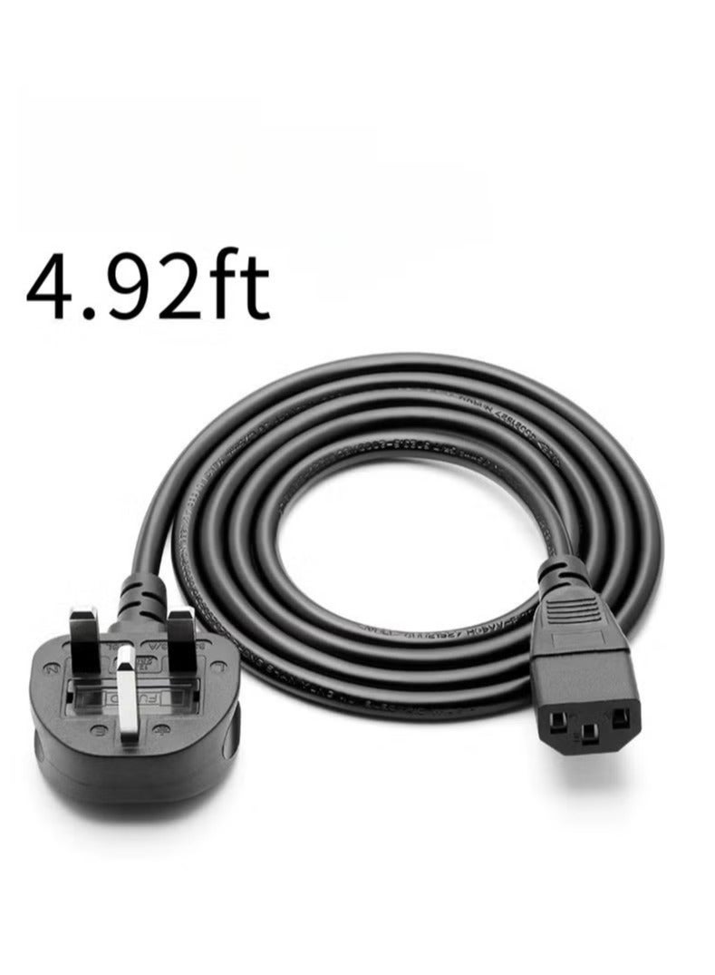 4.92ft UK power cord with fuse 18AWG 13A/250V for computers, monitors, scanners, printers, UK 3-pin G plug, black - Image 1