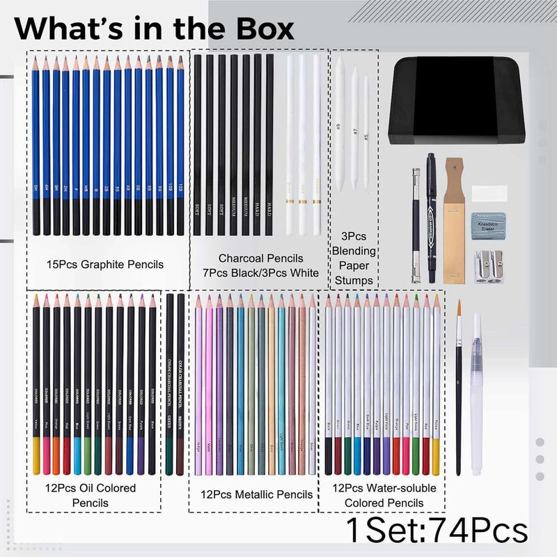 76 Pcs Sketching & Drawing Pencils Art Kit, Complete Art Supplies for Beginners & Professionals, Featuring Graphite Charcoal, Water Soluble, Metallic Colored Pencils, and Sketchbook - Image 5