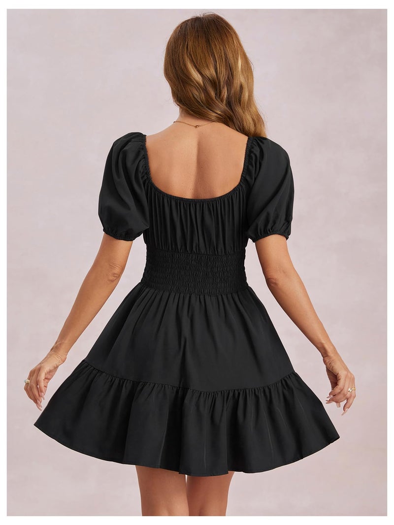 Floerns Women's Boho Square Neck Puff Short Sleeve Self Tie Front A Line Dress Black L - Image 2
