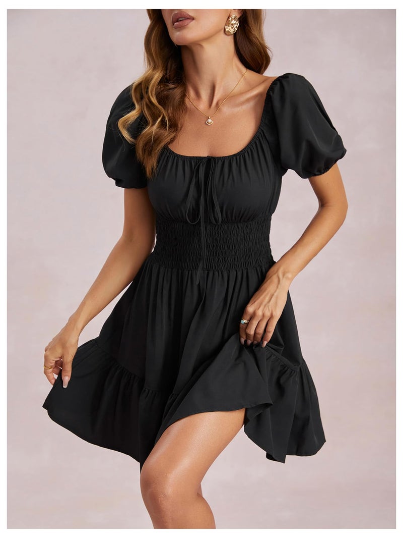 Floerns Women's Boho Square Neck Puff Short Sleeve Self Tie Front A Line Dress Black L - Image 4