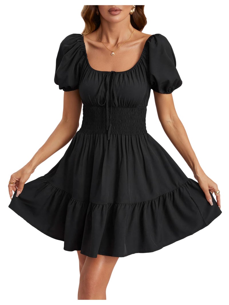 Floerns Women's Boho Square Neck Puff Short Sleeve Self Tie Front A Line Dress Black L - Image 1