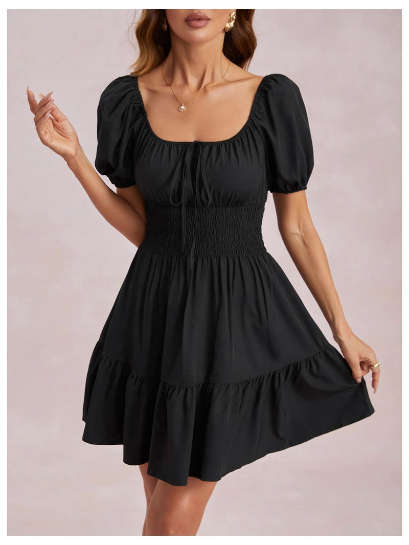 Floerns Women's Boho Square Neck Puff Short Sleeve Self Tie Front A Line Dress Black L - Image 3