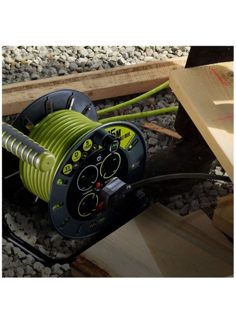 Four Socket Open Cable Reel Extension Lead with Winding Handle, Thermal Cut Out and Power Switch, 25 Metres High Visibility Cable, Green