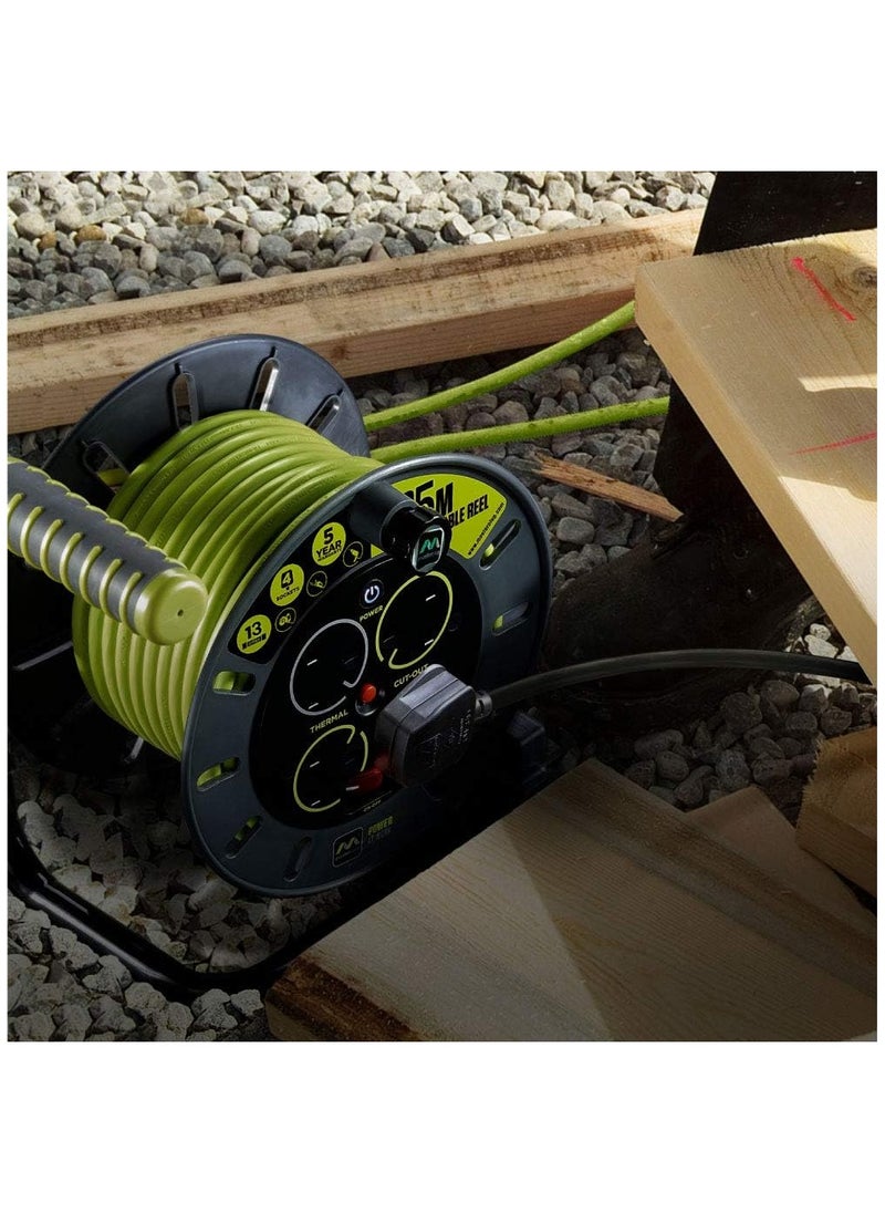 MASTERPLUG Four Socket Open Cable Reel Extension Lead with Winding Handle, Thermal Cut Out and Power Switch, 25 Metres High Visibility Cable, Green  - Image 1