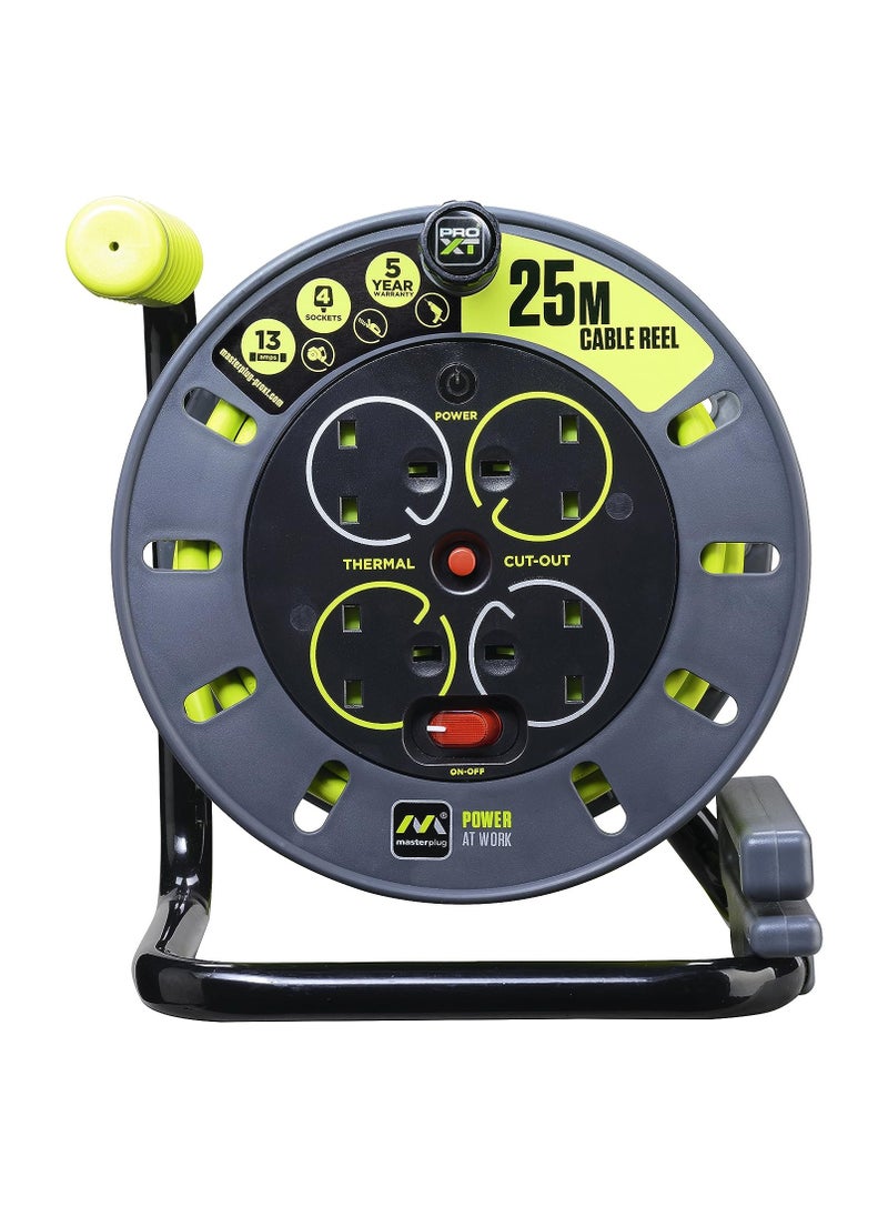 MASTERPLUG Four Socket Open Cable Reel Extension Lead with Winding Handle, Thermal Cut Out and Power Switch, 25 Metres High Visibility Cable, Green  - Image 3
