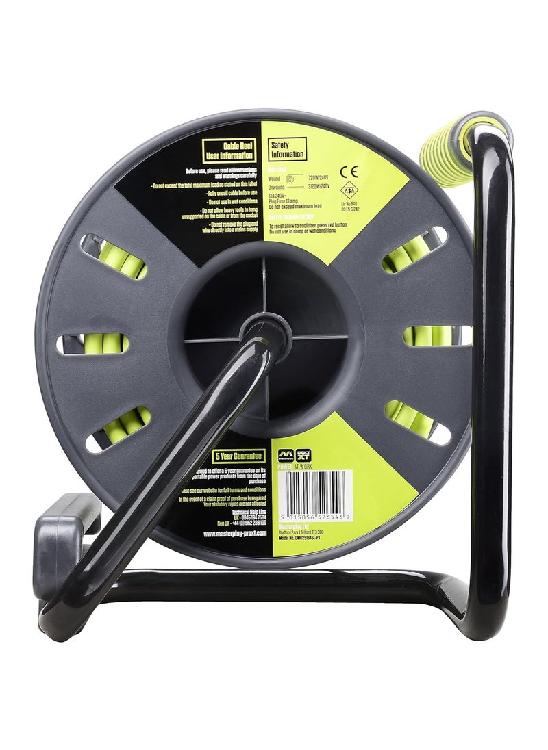 MASTERPLUG Four Socket Open Cable Reel Extension Lead with Winding Handle, Thermal Cut Out and Power Switch, 25 Metres High Visibility Cable, Green  - Image 4