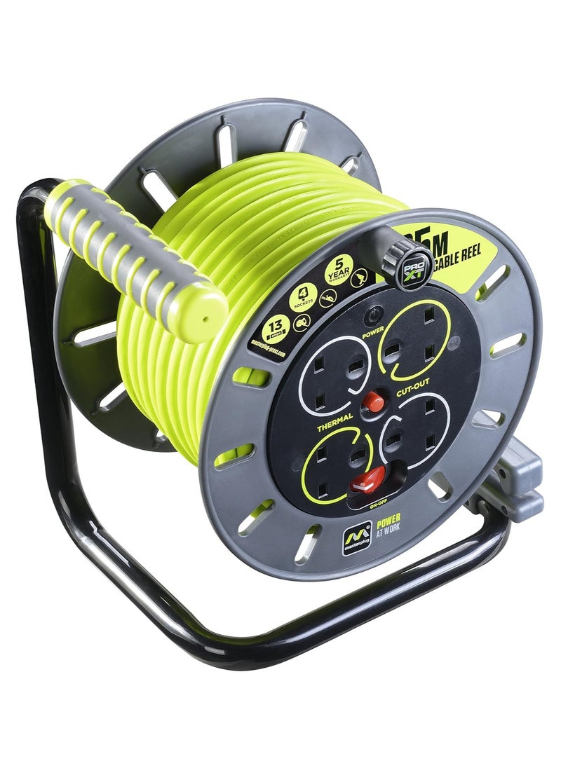 Four Socket Open Cable Reel Extension Lead with Winding Handle, Thermal Cut Out and Power Switch, 25 Metres High Visibility Cable, Green