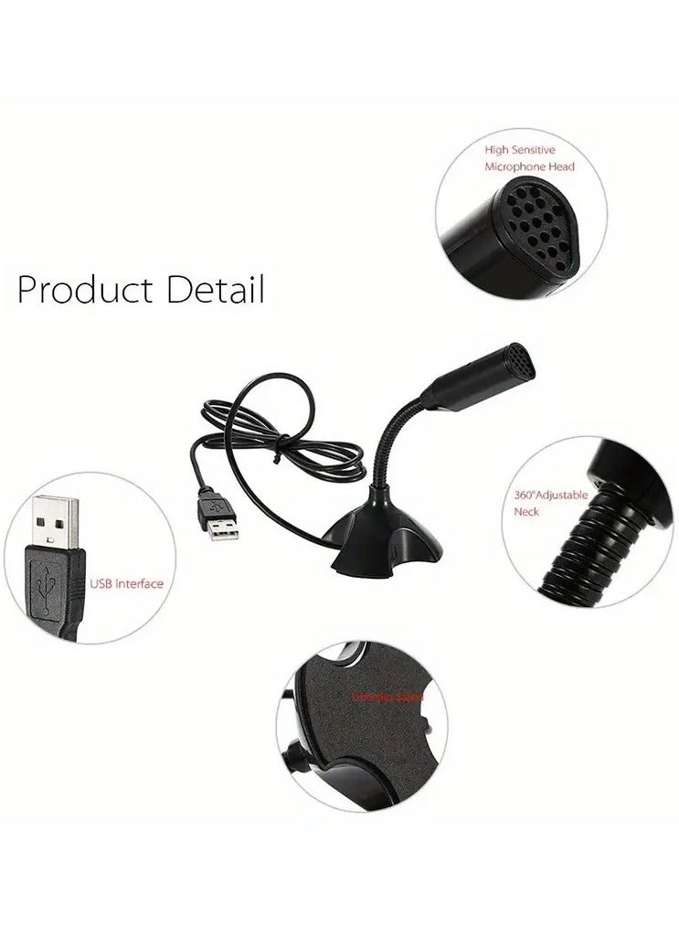Mini USB microphone suitable for desktop and laptop computers, portable USB condenser microphone with adjustable stand, compatible with PC/Mac, plug and play, perfect for meetings, online classes, gaming, remote work (black)