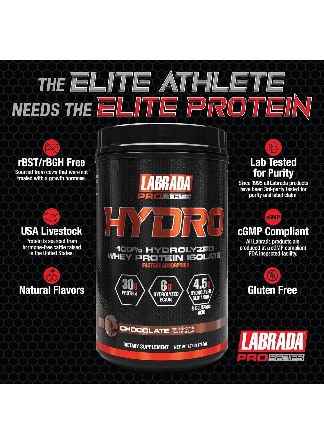 LABRADA - Hydro 100% Pure Hydrolyzed Whey Protein Isolate Powder, Lactose Free, 6G Bcaa’S, 4.5G Glutamine, Fastest Digesting Whey Available, Instant Mixing, Delicious Taste (Chocolate) - Image 1