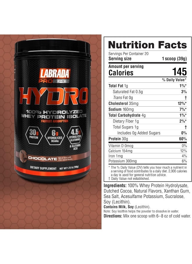 LABRADA - Hydro 100% Pure Hydrolyzed Whey Protein Isolate Powder, Lactose Free, 6G Bcaa’S, 4.5G Glutamine, Fastest Digesting Whey Available, Instant Mixing, Delicious Taste (Chocolate) - Image 1