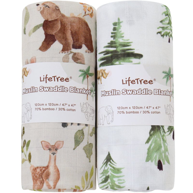 LifeTree Muslin Swaddle Blankets, Woodland Baby Swaddling Wrap Nursery Receiving Blanket for Boys & Girls Unisex, Soft 70% Viscose from Bamboo and 30% Cotton, Large 47 x 47 inches - Image 1
