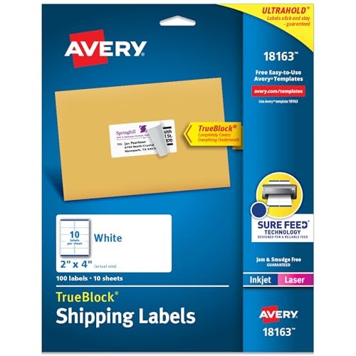 Avery Printable Shipping Labels with Sure Feed, 2" x 4" Customizable Stickers, White, 100 Blank Mailing Labels, Great for Mailing, Shipping, and More (18163) - Image 1