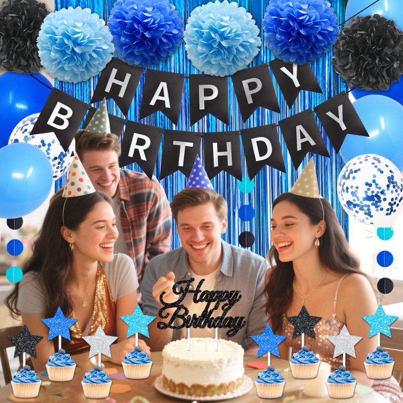 FINDRICH Blue Birthday Decorations for Men, 50PCS Happy Birthday Decorations with Banner Balloons Sash Foil Fringe Curtain Paper Pompoms, Blue and Black Party Decorations Party Supplies for Boys Kids - Image 2