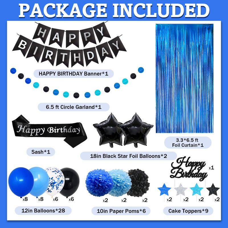 FINDRICH Blue Birthday Decorations for Men, 50PCS Happy Birthday Decorations with Banner Balloons Sash Foil Fringe Curtain Paper Pompoms, Blue and Black Party Decorations Party Supplies for Boys Kids - Image 3
