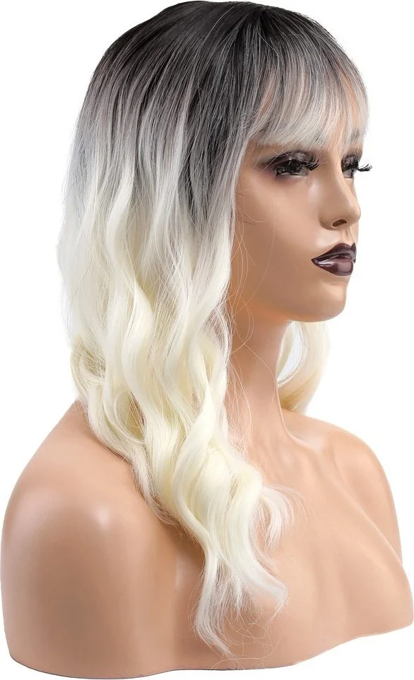 Lisinya Wavy Short Special Bangs Kanekalon Fiber Synthetic Wig Brown White Platinum Ombre