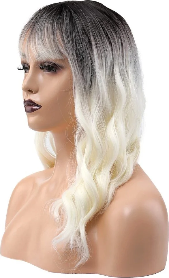 Lisinya Wavy Short Special Bangs Kanekalon Fiber Synthetic Wig Brown White Platinum Ombre