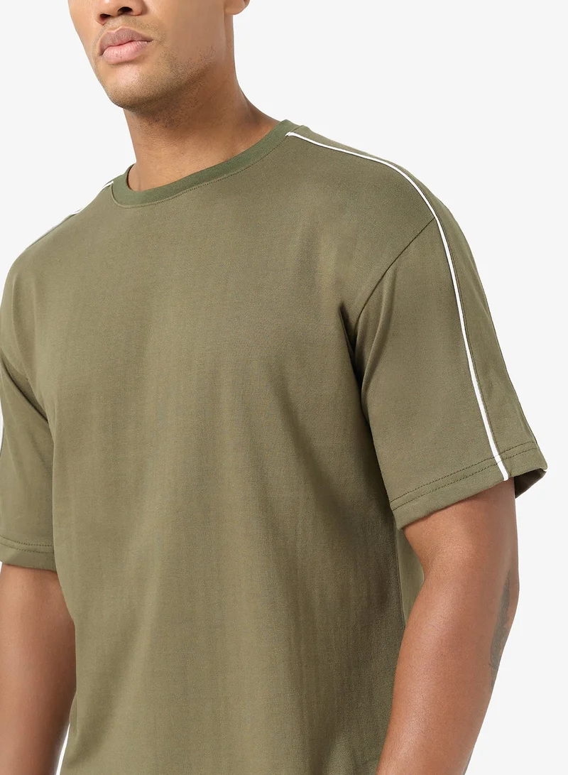 Seventy Five OLIVE GREEN 220Gsm T-Shirt With Piping Detail On Sleeve for Men | Best Price UAE
