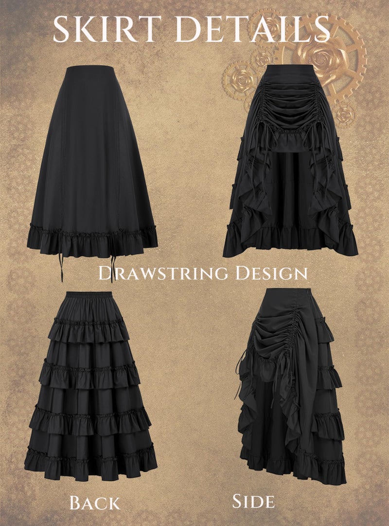 Scarlet Darkness Long Black Skirt for Women Pirate High Low Skirt Steampunk Ruffle Skirt Black L - Image 4