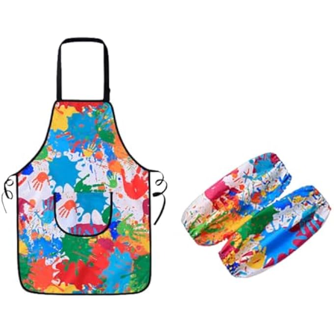 Mumoo Bear Kids Painting Aprons Set, Toddler Painting Apron with Pocket and 2 Sleeves, Adjustable Waterproof Children Artist Apron, Age 3-6 Years Boy and Girl for Craft, Eating, Cooking, Drawing - Image 1