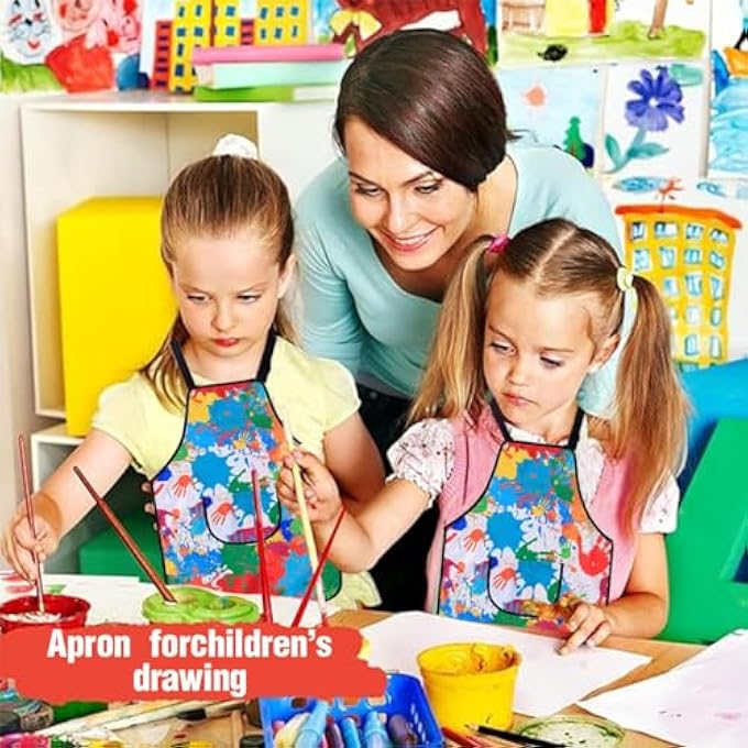 Mumoo Bear Kids Painting Aprons Set, Toddler Painting Apron with Pocket and 2 Sleeves, Adjustable Waterproof Children Artist Apron, Age 3-6 Years Boy and Girl for Craft, Eating, Cooking, Drawing - Image 4